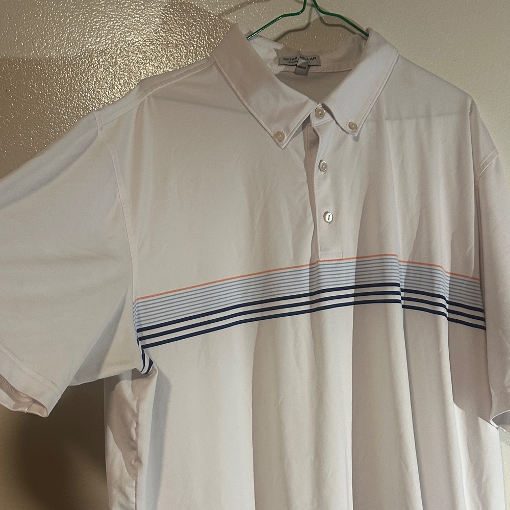 Peter Millar White Polo with Blue and Orange Stripes